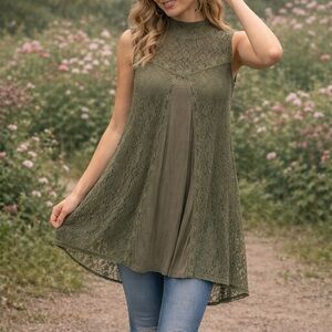 POL Elegant Olive Lace Sleeveless Top